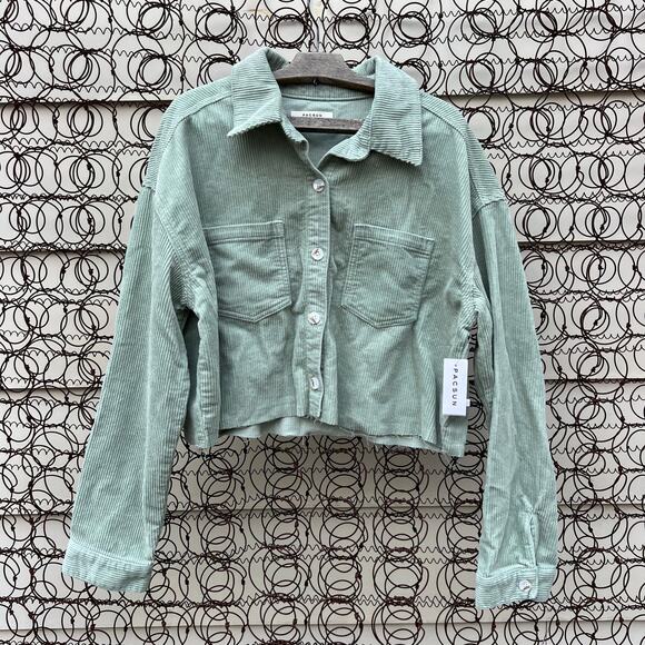 Pacsun M/L Sage Green Corduroy Cropped Raw Hem Button Down Long Sleeve Shirt NWT - Picture 1 of 11